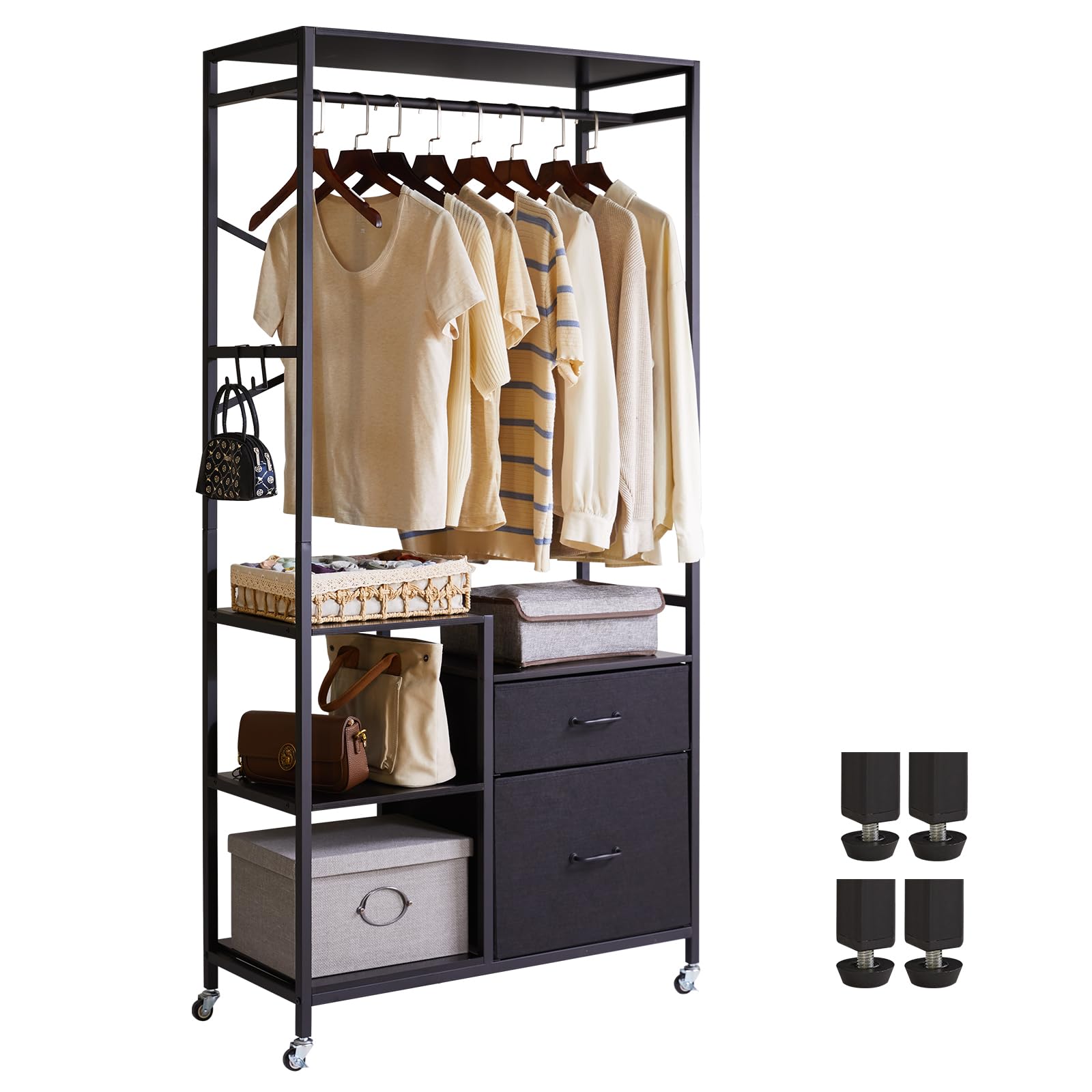 【Aibiju/ハンガーラック クローゼット ワードローブ 引き出し 棚付き】 Amazon｜Aibiju ハンガーラック 棚付き 引き出し付き ハンガーシェルフ